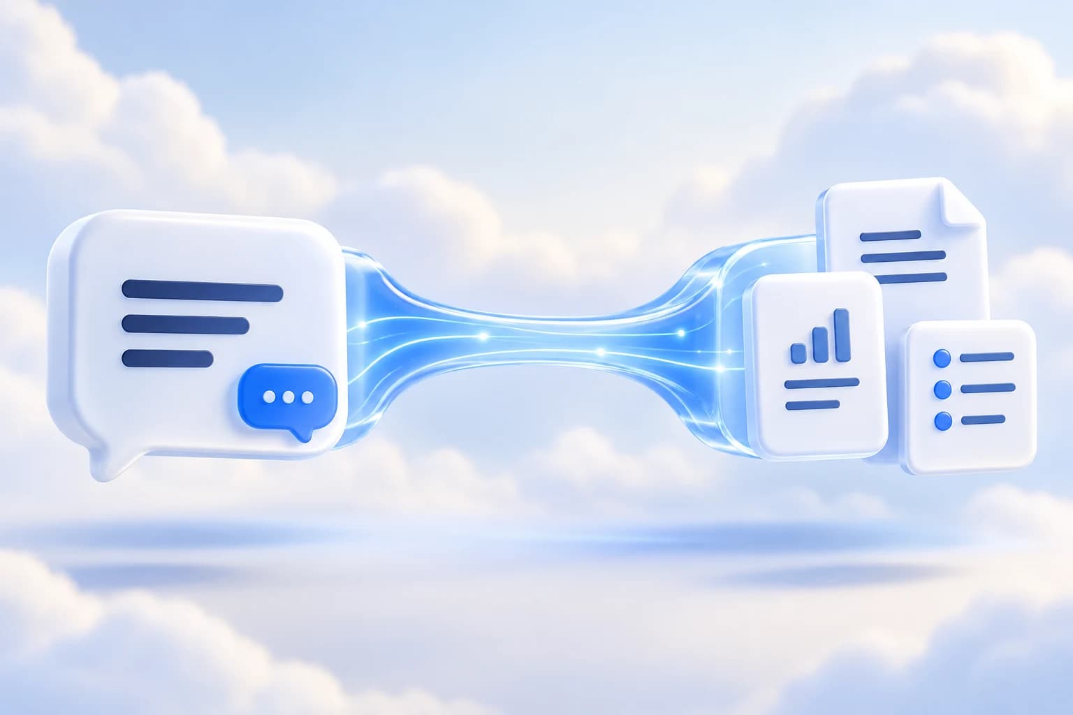A glass connection bridge linking an AI conversation with business knowledge and tools