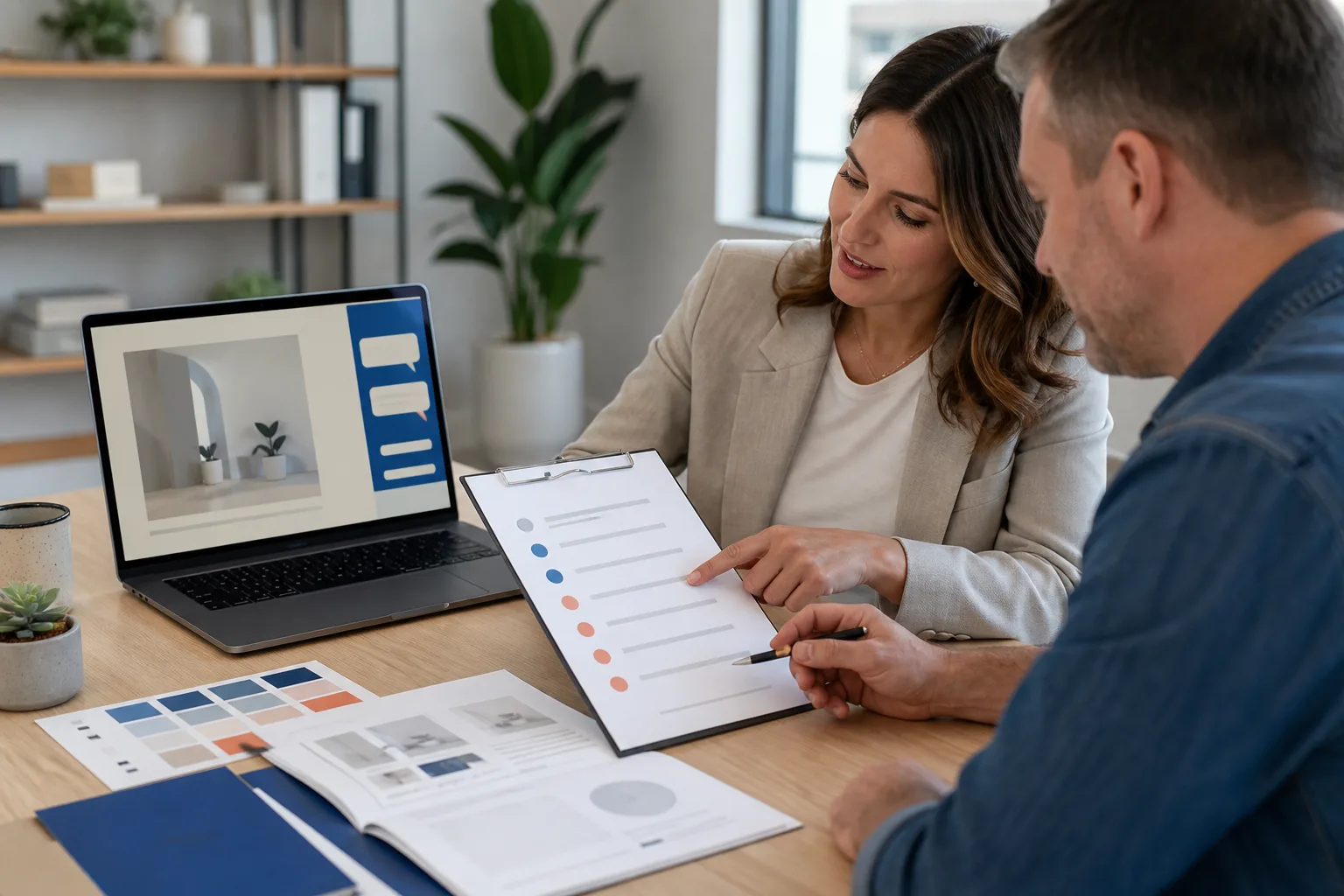 Agency project manager reviewing an AI chatbot client onboarding checklist
