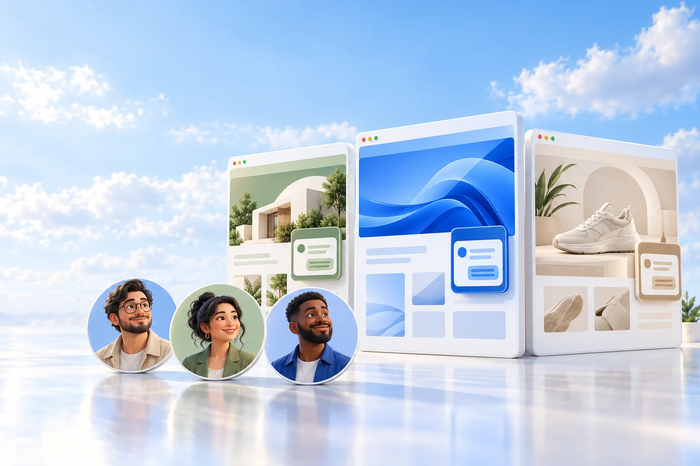 Illustration of three client websites with individually branded chat assistants and three agency teammate avatars