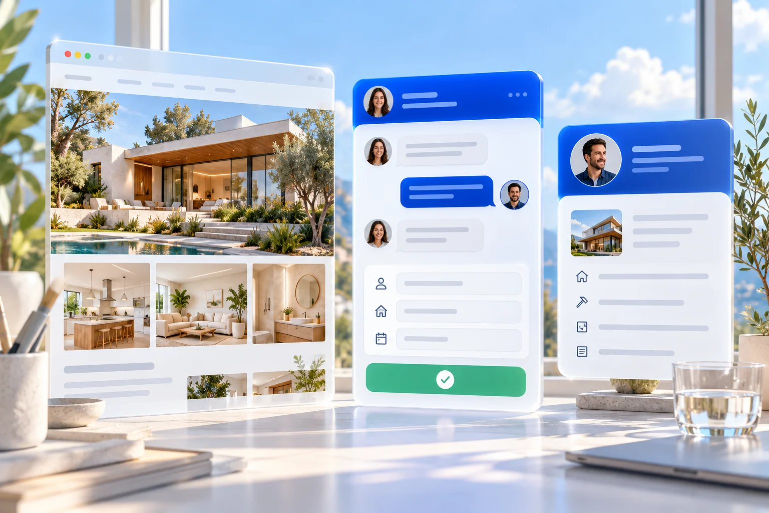 A home services website, customer enquiry form, and team follow-up card arranged in sequence