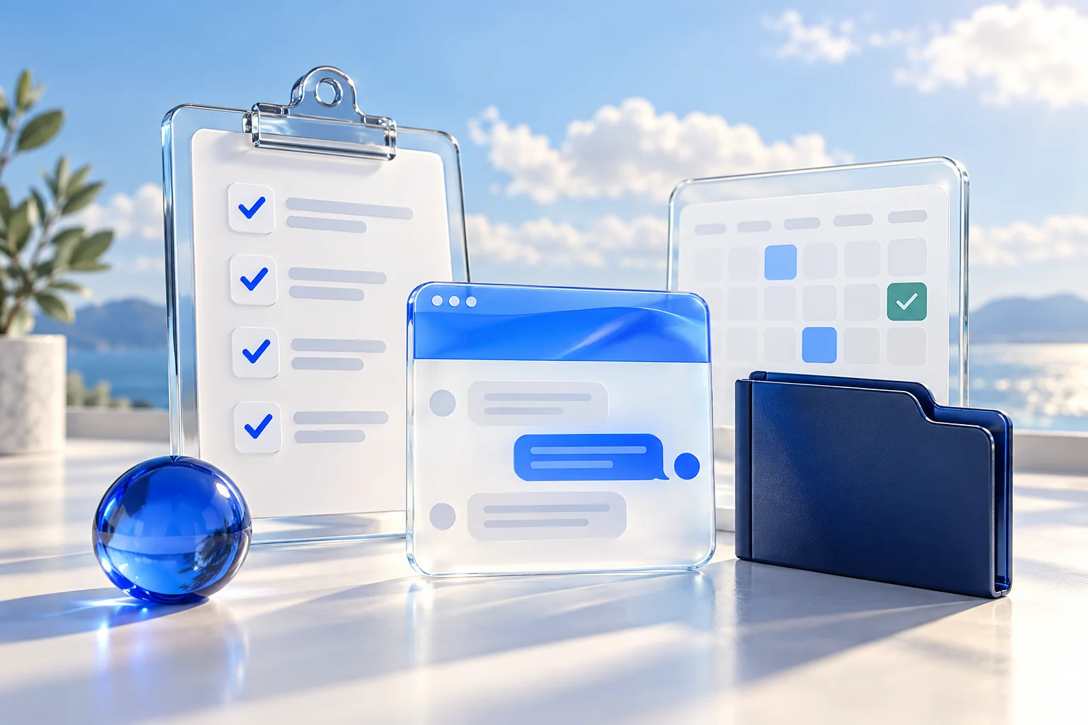 Client approval checklist, AI chat preview, and maintenance calendar on a blue and white agency desk