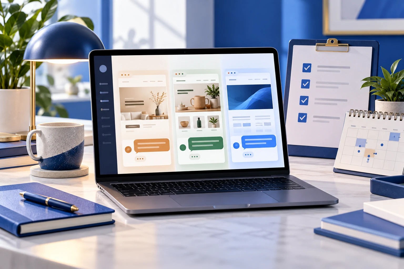 Agency workspace showing three distinct client website assistants beside a review checklist and calendar