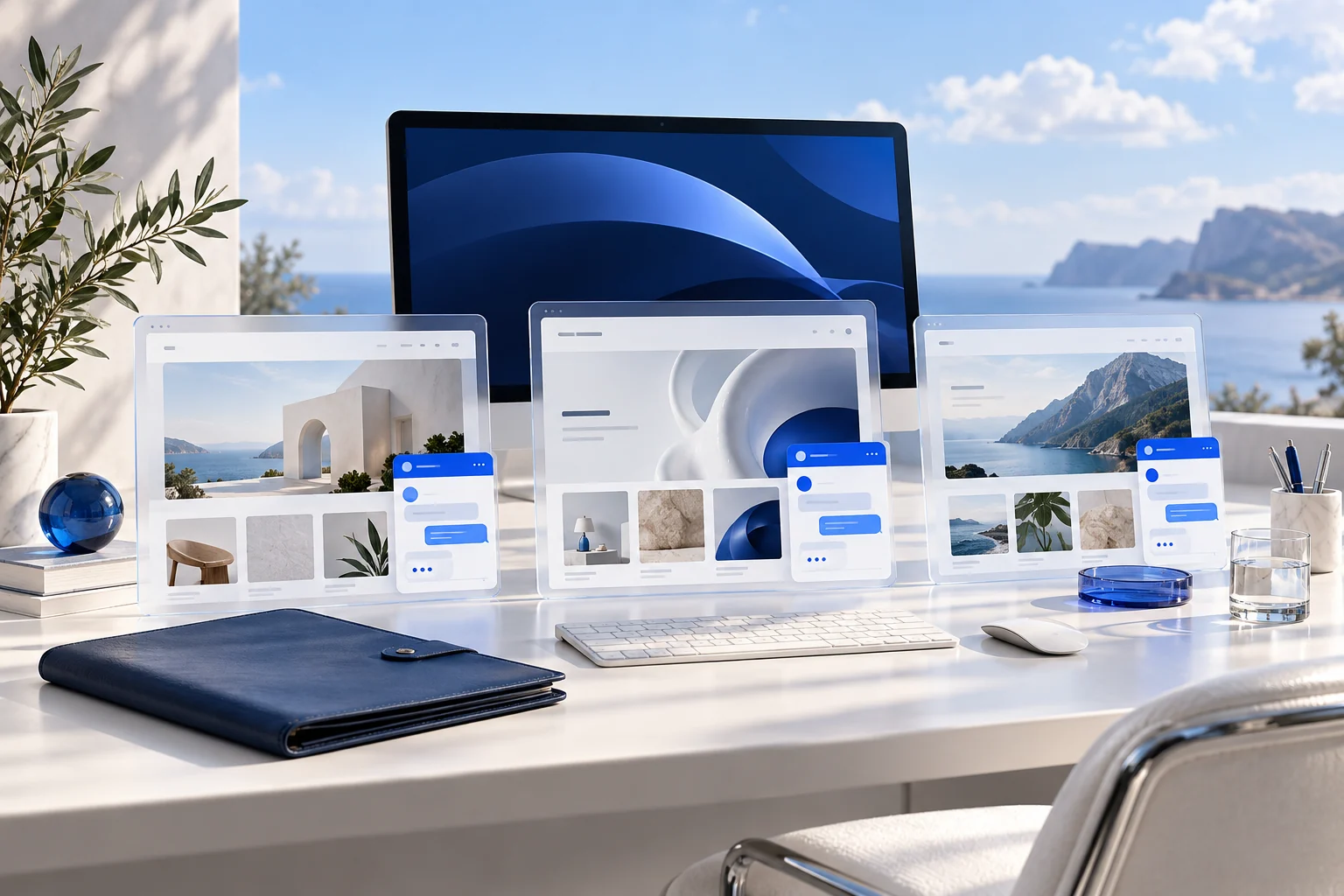 Separate client website panels and matching assistant conversations on an agency workstation