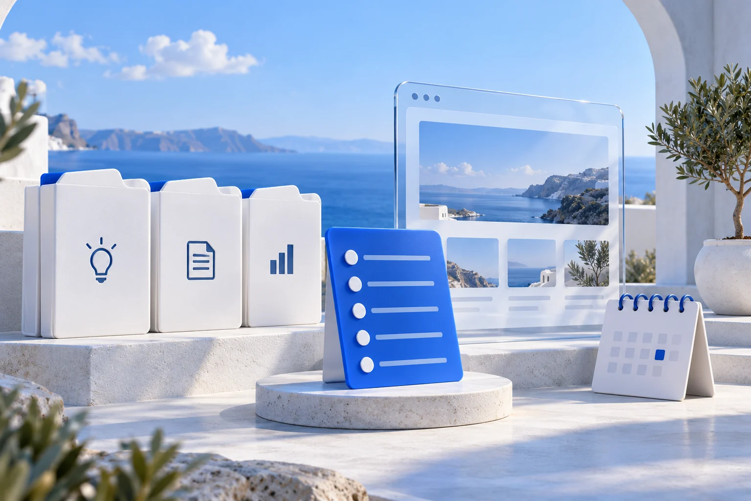 Separate client folders beside a review checklist, website panel, and maintenance calendar