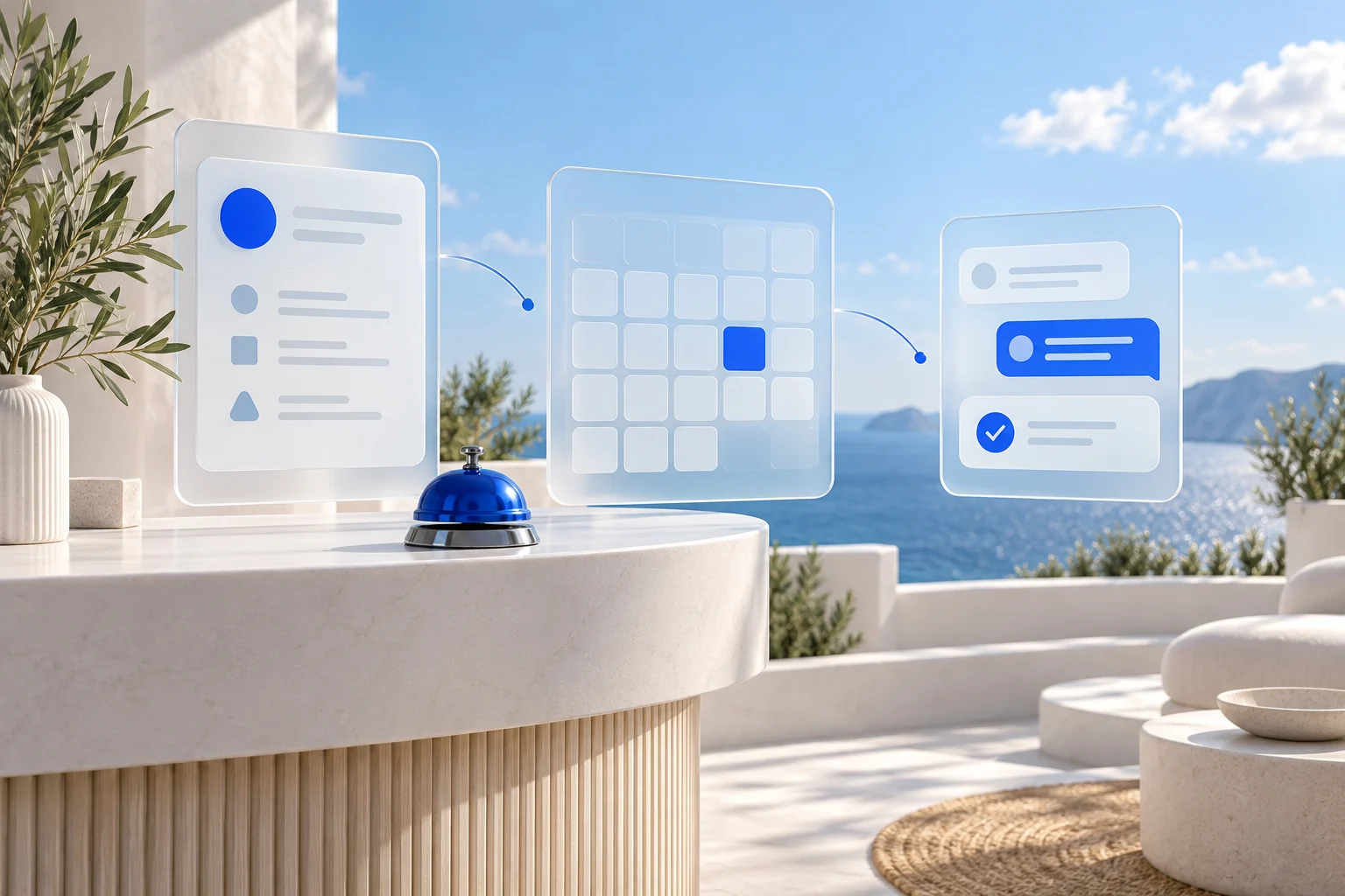 A reception desk, chat panel, and calendar illustrating a customer choosing a meeting time