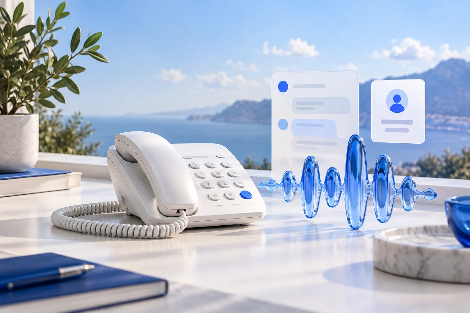 A business telephone beside a blue sound waveform and conversation panel