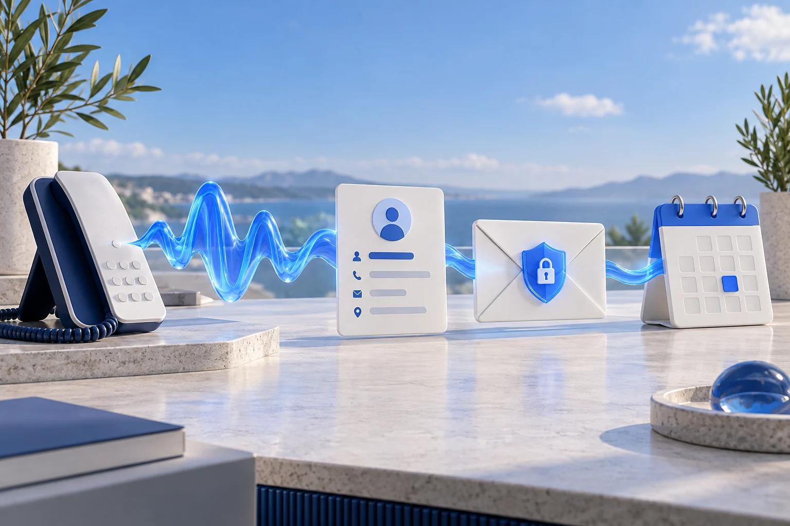 A phone conversation connected to business information, a protected contact request, and a calendar