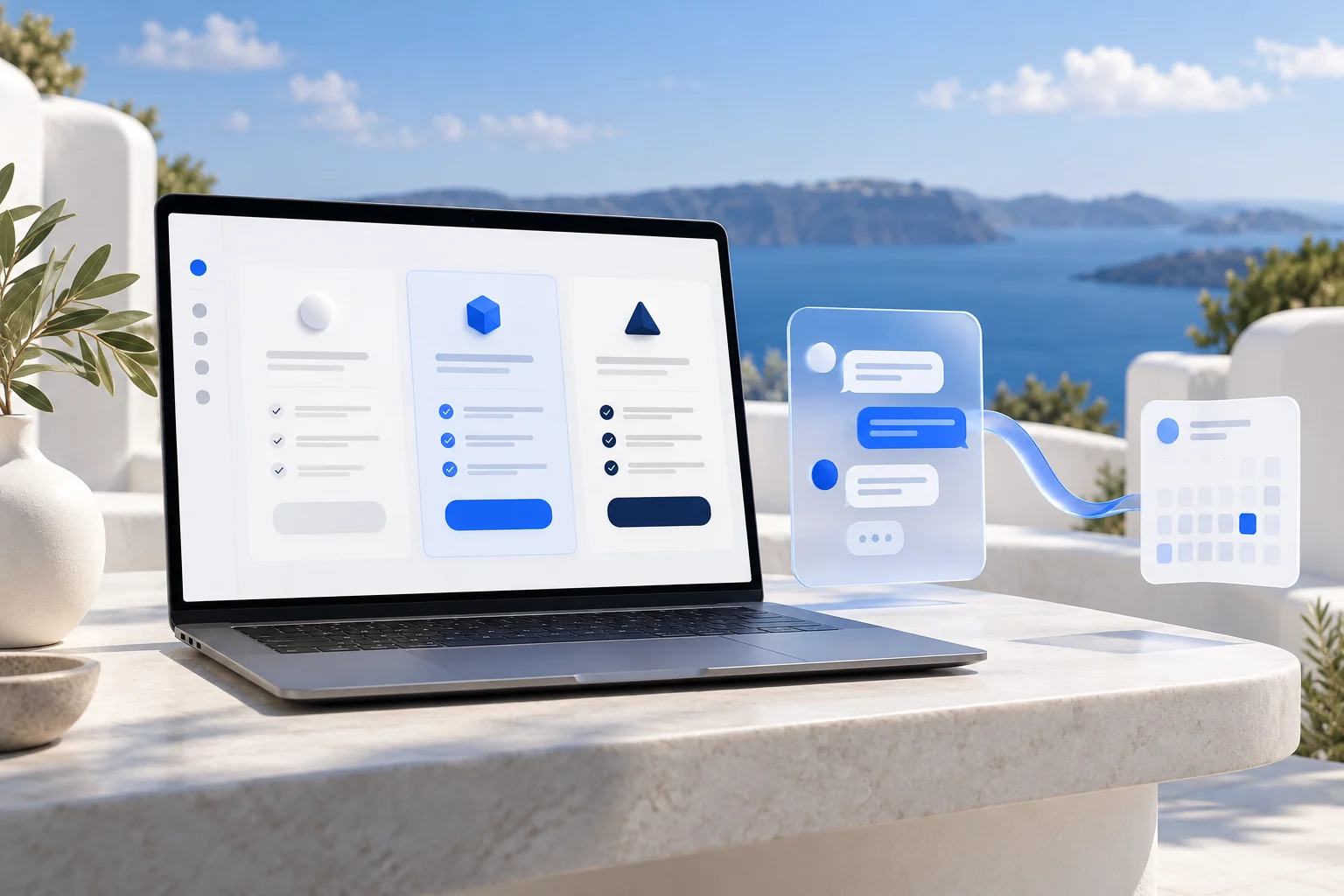 A software dashboard, chat panel, and calendar illustrating a product question becoming a demo enquiry