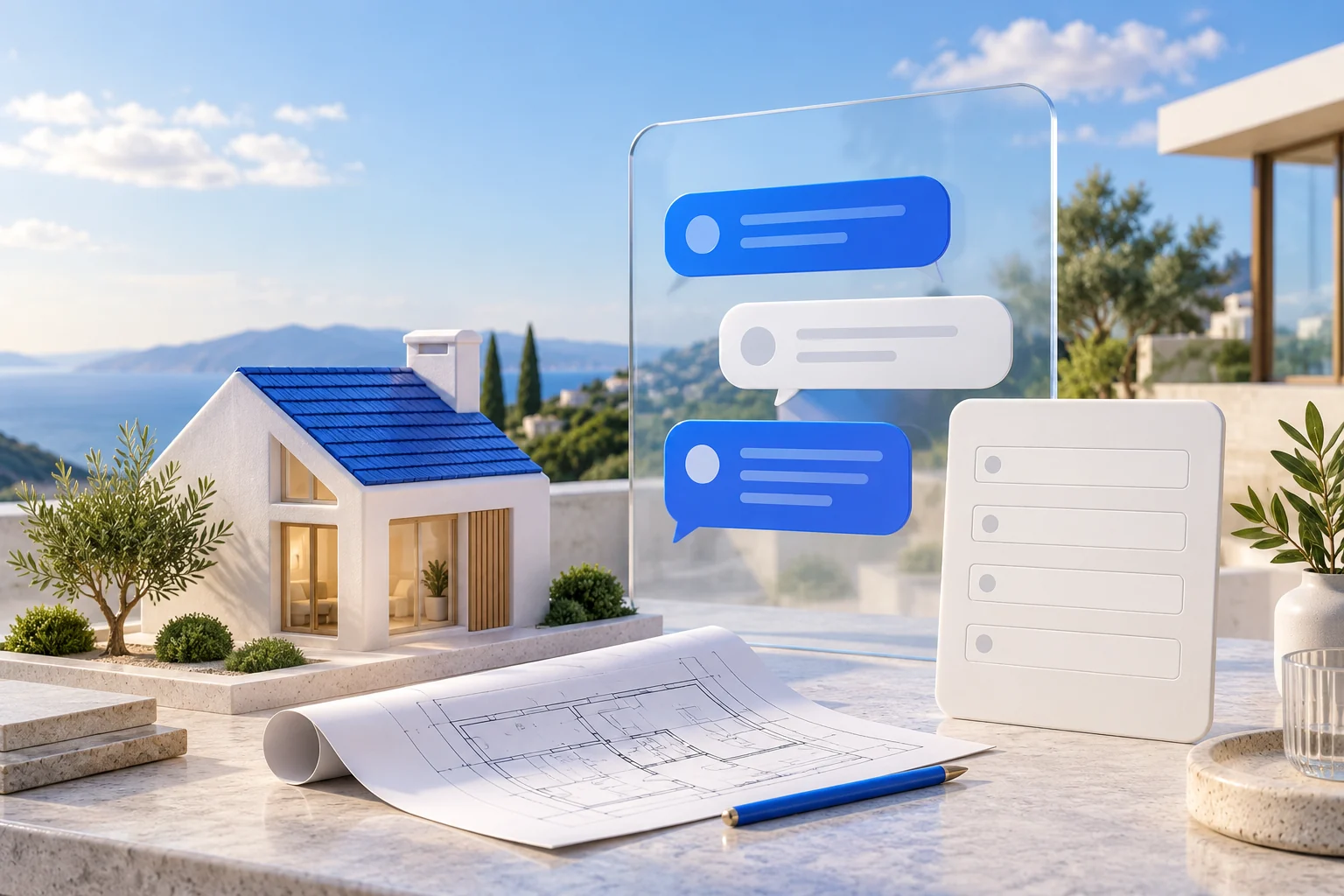 A house model and project plan beside a short enquiry form and chat panel