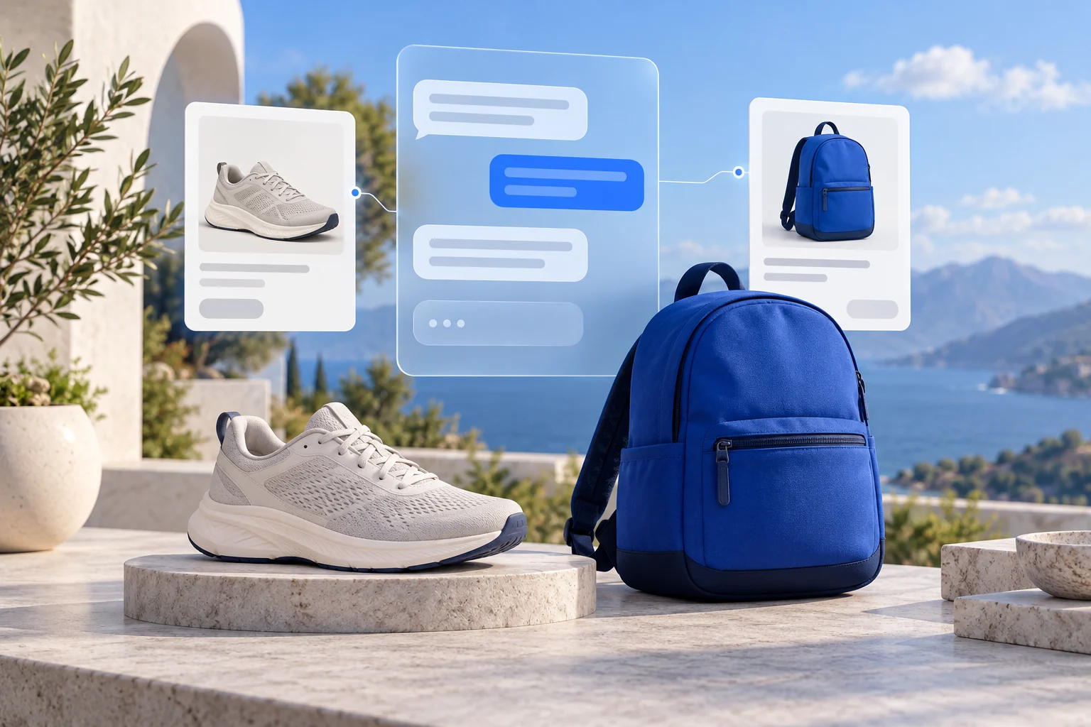 A running shoe and backpack beside matching product cards and a shopping conversation