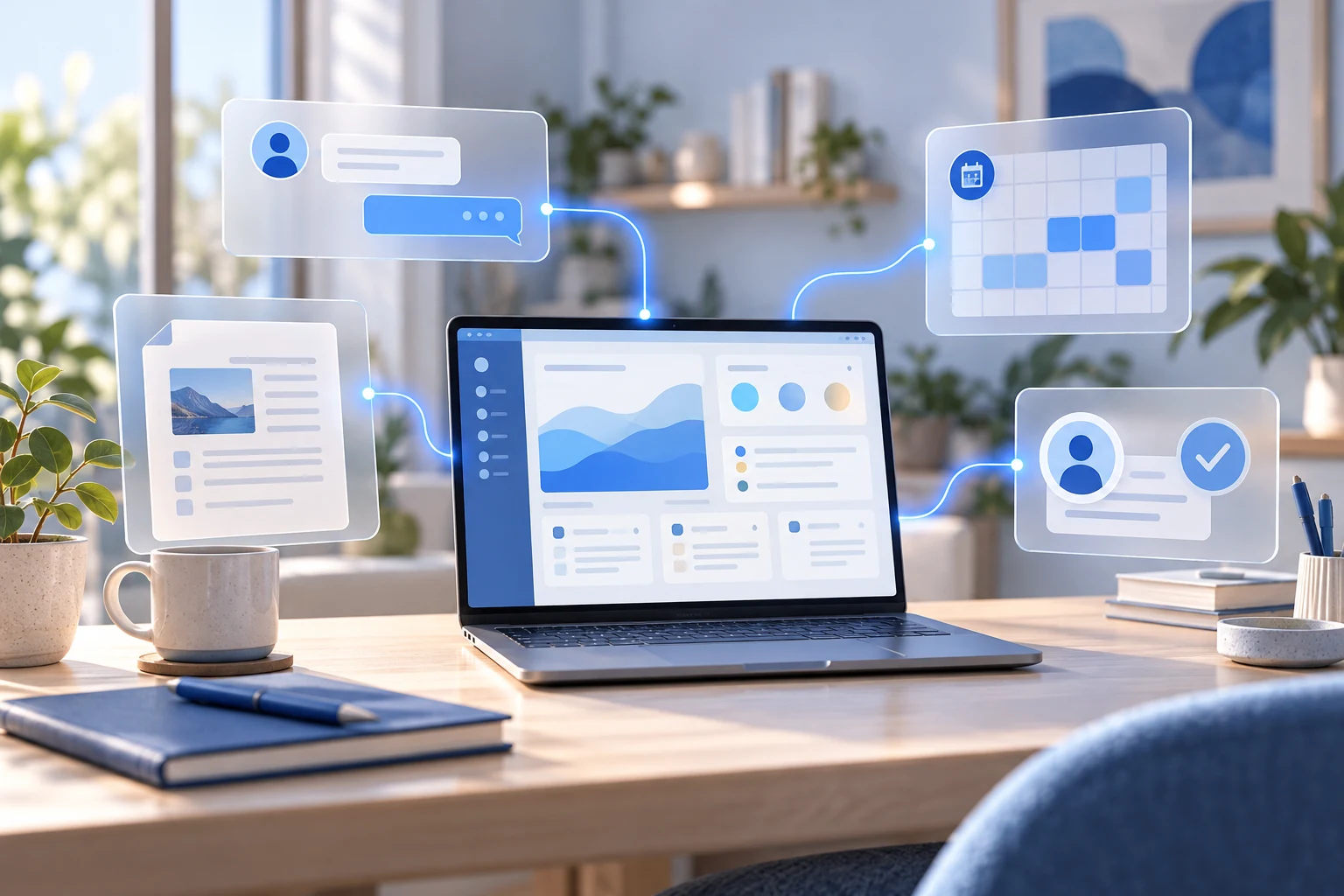 Business workspace with connected customer question, document, calendar, and approval panels