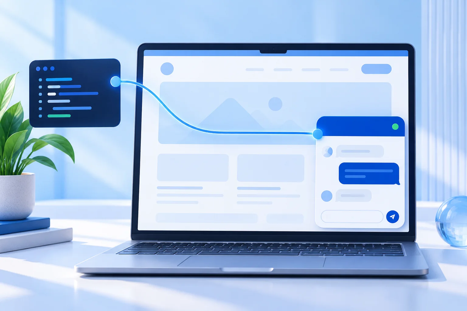 Website on a laptop connected to a floating blue chat interface