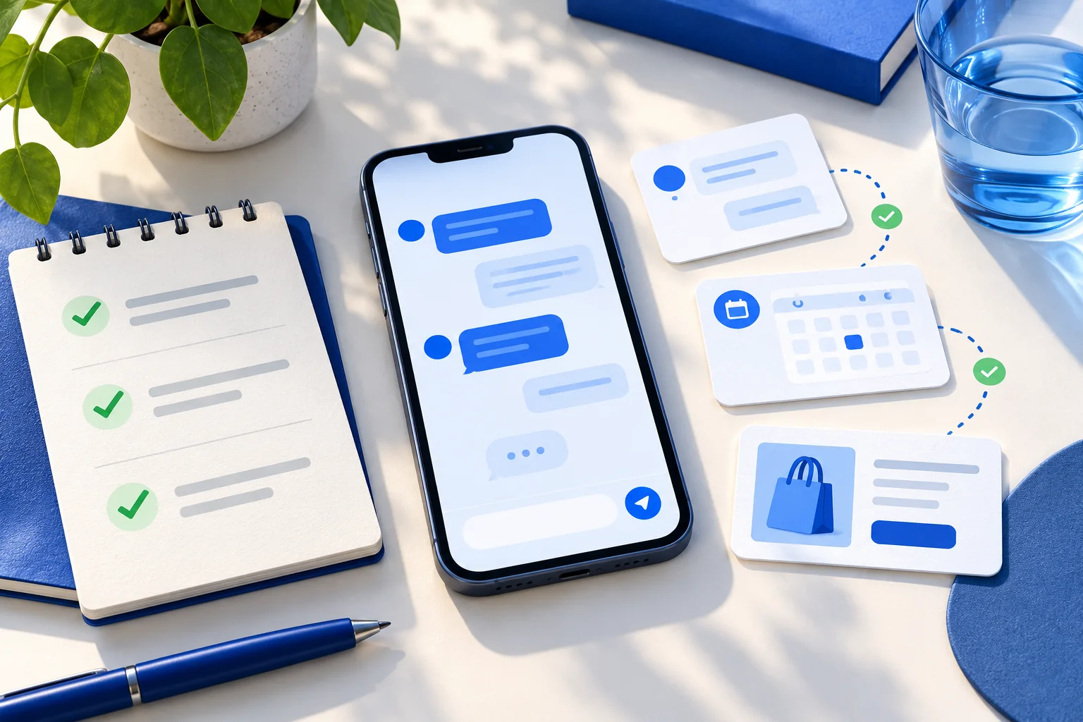 Phone chat beside a checklist and customer journey cards for answers, bookings, and products